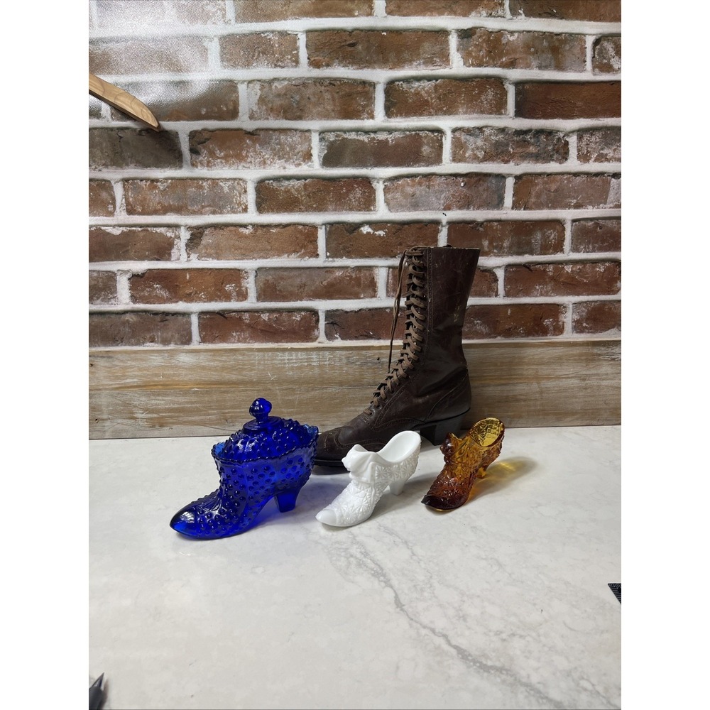 Lot of 3 Vintage Fenton Glass Shoe Slipper Boots & 1 Leather VTG Boot